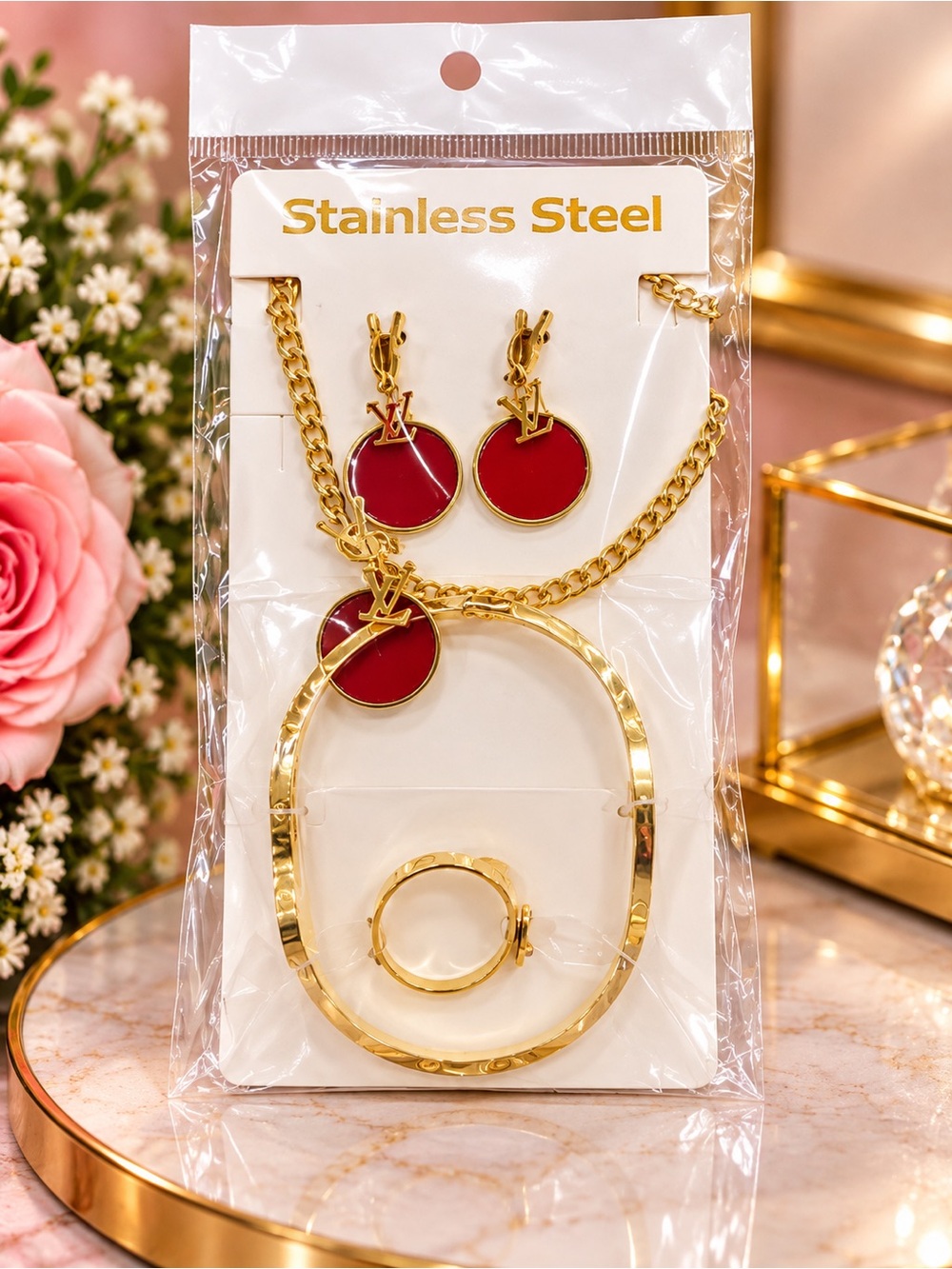 Gold-Tone Stainless Steel Jewelry Set with Red Enamel Discs